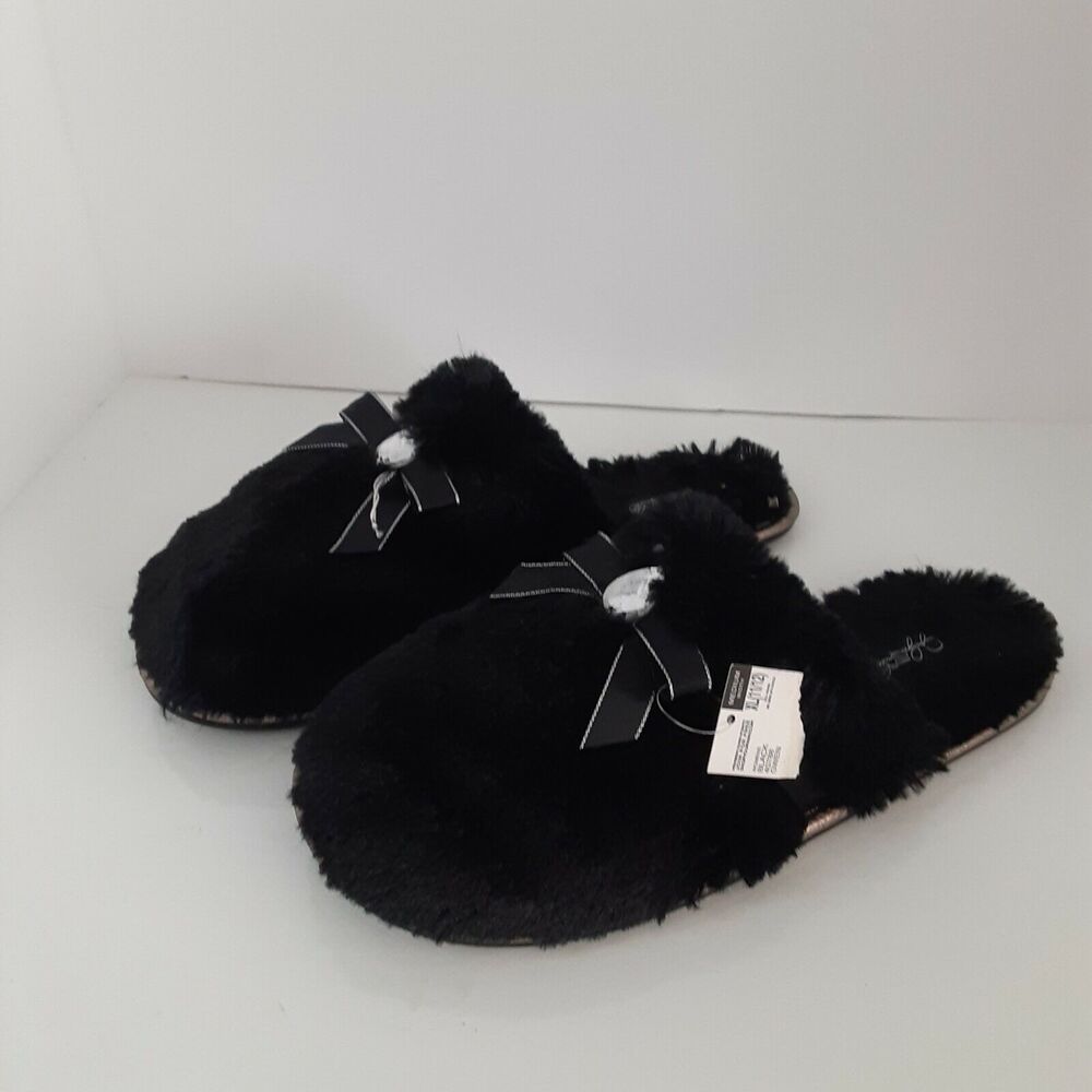 Vintage New Jacklyn Smith "Gwen" Furry Slippers Black Bedazzled